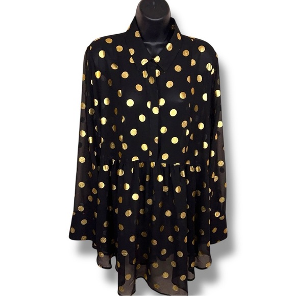 NEW 14/16 Lane Bryant Black Gold Polka Dot Tunic Blouse Long Sleeve NWT Retro - Picture 1 of 16